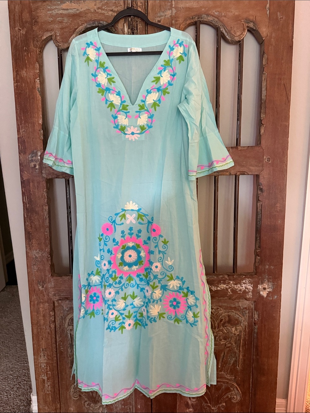 Debbie Katz South Beach Embroidered Aqua Maxi Dress with Floral Motif